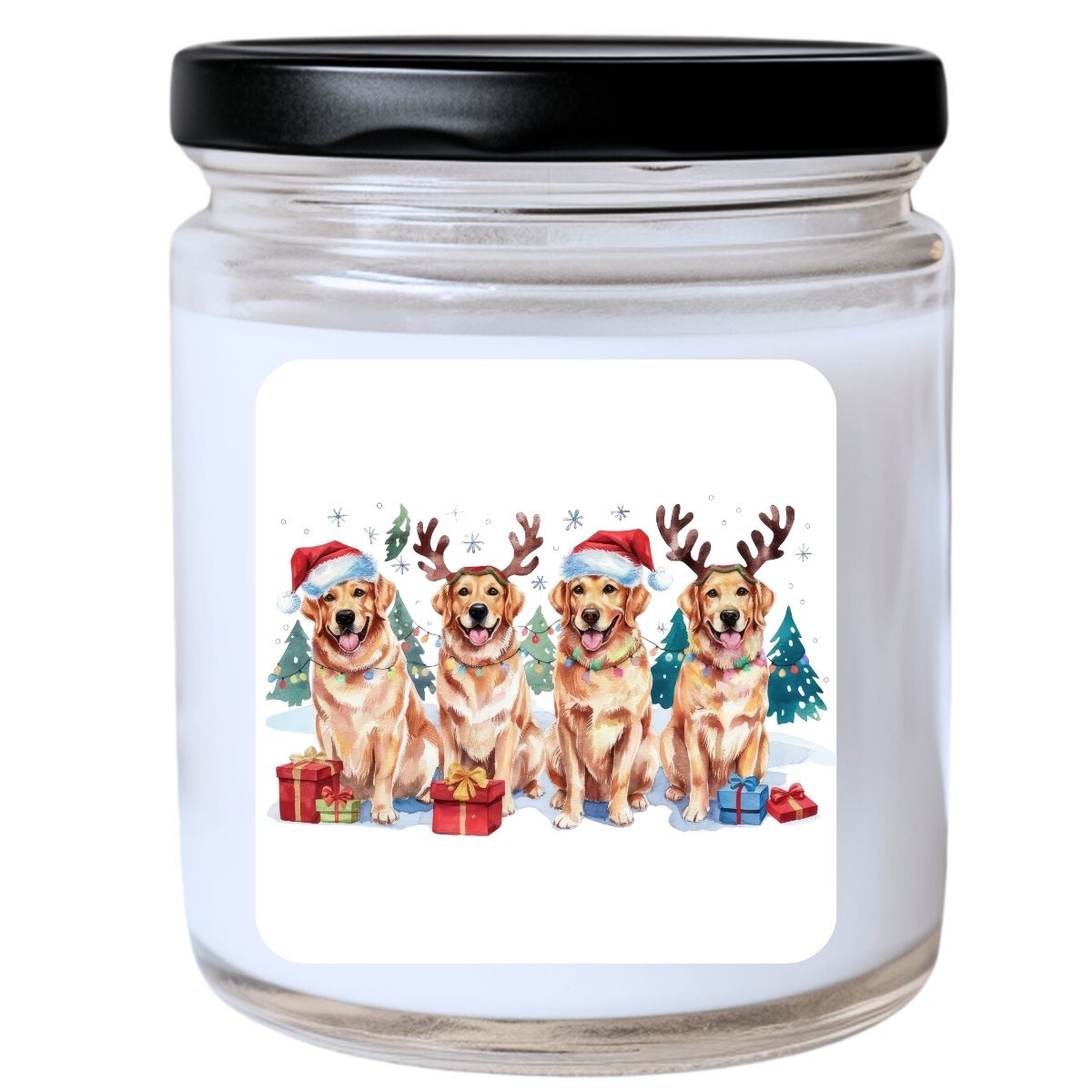 WS - Santa and Reindeer Golden Retrievers Candle - Funny Christmas Gift, Unique Holiday Candle, Adorable Golden Retriever Design, Many Scents Available