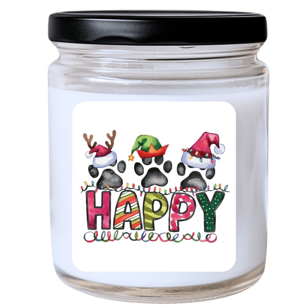 WS - Happy - Pawprints w/ Santa Hats Candle - Funny Christmas Gift, Unique Holiday Candle, Many Scents Available