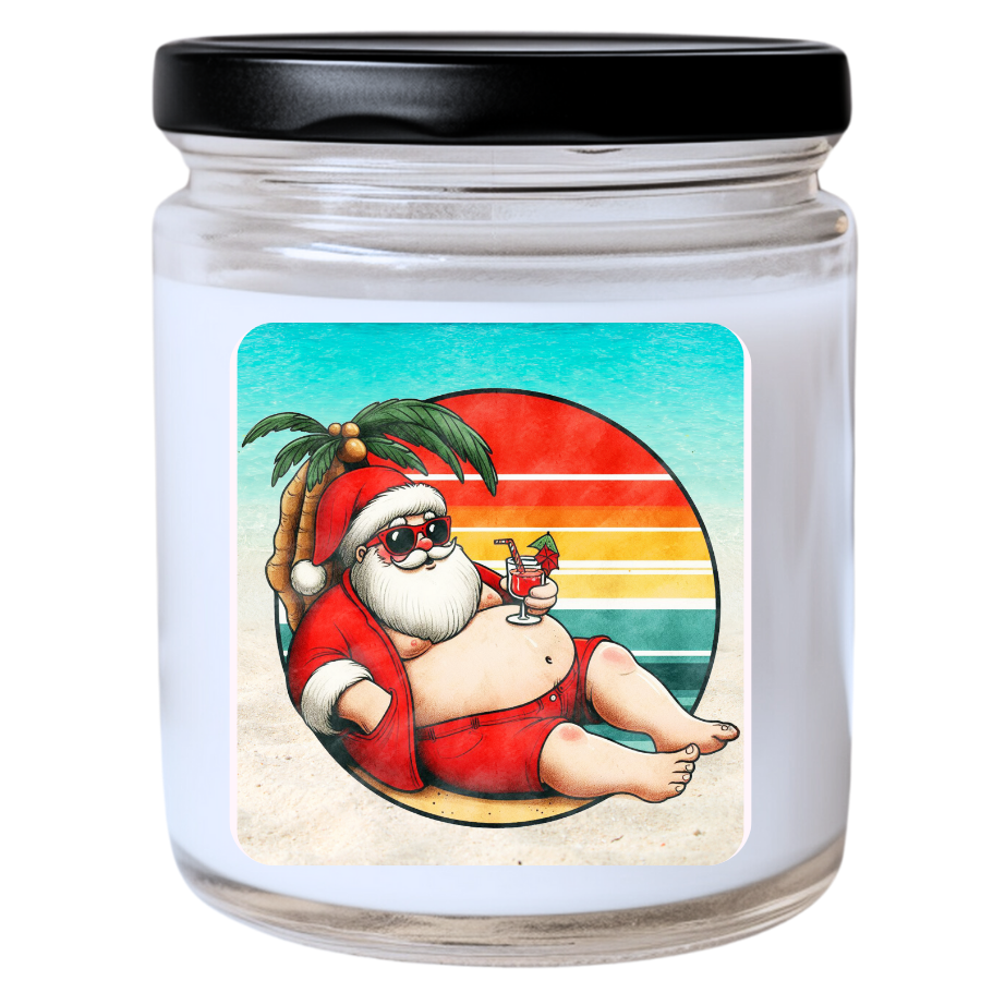 WS - COOL SANTA Enjoying His Beach Cocktail Candle - Bold Christmas Gift, Holiday Candle