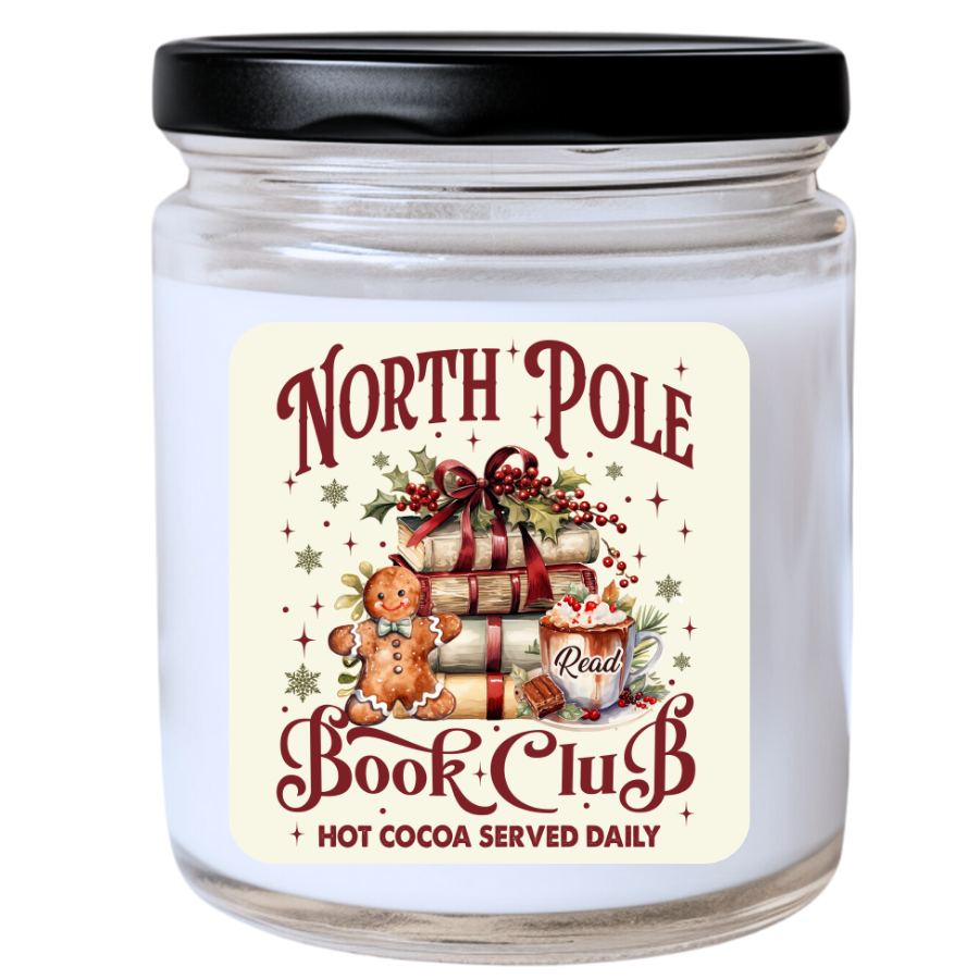 WS - NORTH POLE BOOK CLUB - Hot Cocoa Served Daily Candle - Unique Christmas Candle, Fun Holiday Gift