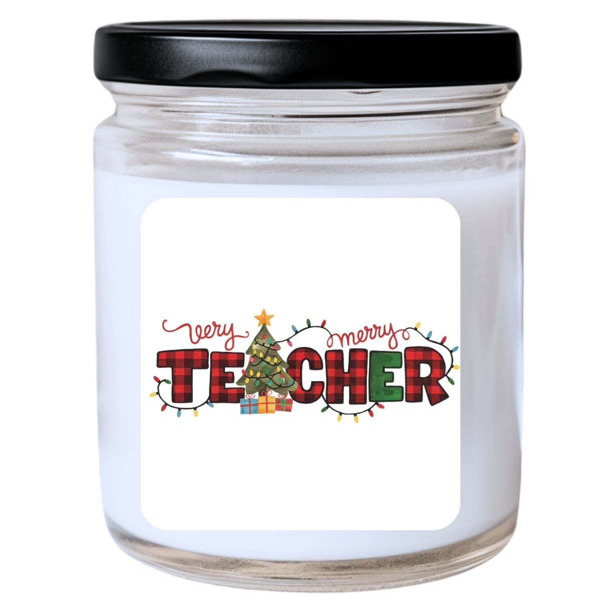 WS - Very Merry Teacher Candle - Buffalo Plaid Design, Funny Christmas Gift, Unique Holiday Candle, Perfect for Teachers, Many Scents Available
