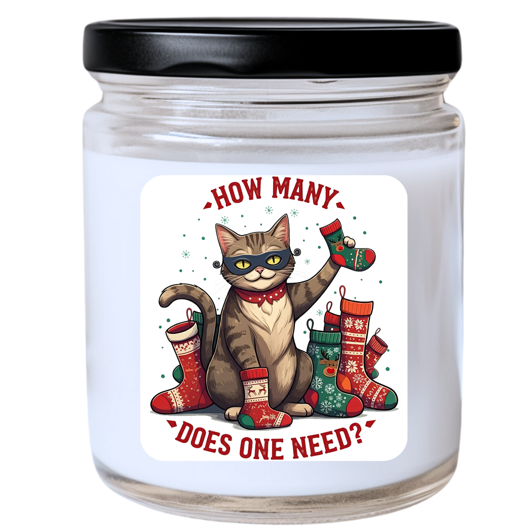 WS - How Many Does One Need? Xmas Socks Candle - Funny Christmas Gift, Unique Holiday Candle, Many Scents Available