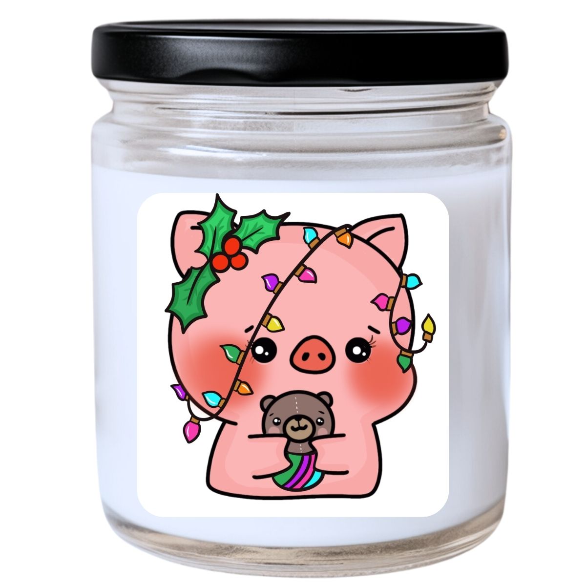WS -  Super Cute Kawaii Coquette Pig Candle with Lights & Teddy Bear - Funny Christmas Gift, Unique Holiday Candle, Adorable Decor, Many Scents Available
