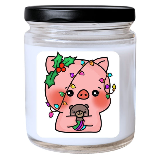 WS -  Super Cute Kawaii Coquette Pig Candle with Lights & Teddy Bear - Funny Christmas Gift, Unique Holiday Candle, Adorable Decor, Many Scents Available