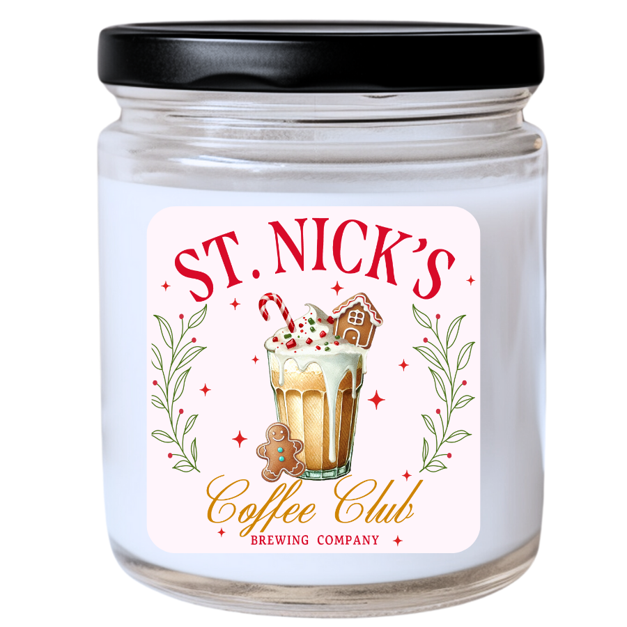 WS -  ST. NICK'S Coffee Club Brewing Company Candle - Christmas Candle for Coffee Lovers, Fun Holiday Gift