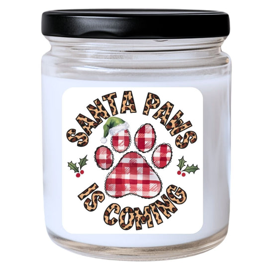 WS -  Santa Paws is Coming Candle - Leopard & Plaid, Funny Christmas Gift, Unique Holiday Candle, Many Scents Available