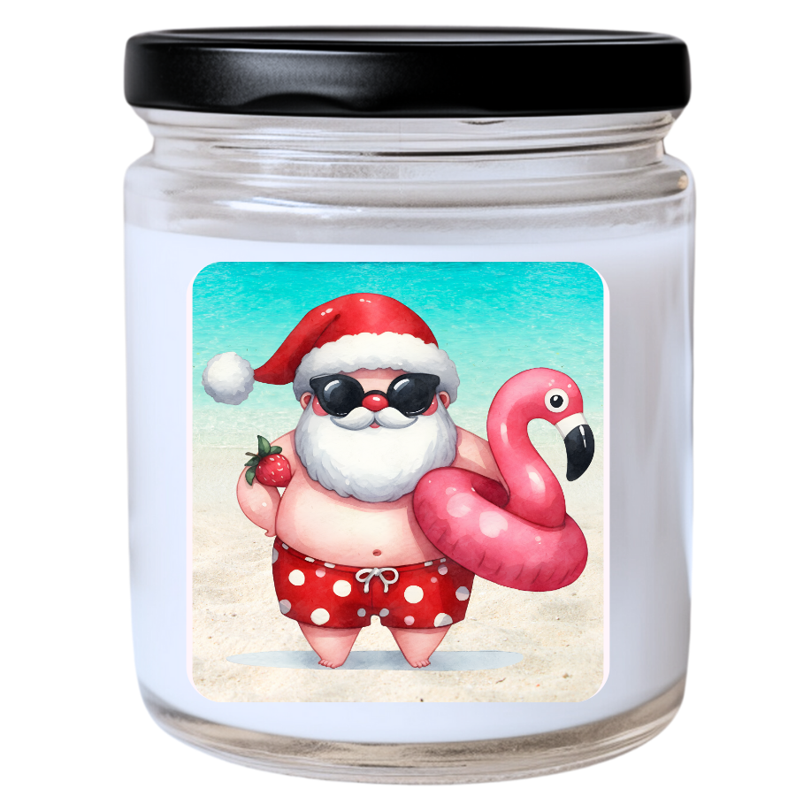 WS -  COOL SANTA And His Flamingo Float Friend Candle - Fun Beach Christmas Candle, Unique Holiday Gift