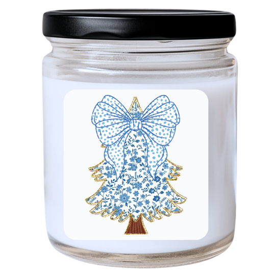 WS -  Blue Floral Christmas Tree Candle - Elegant Christmas Candle, Unique Holiday Decor