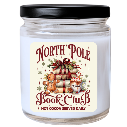 WS -  NORTH POLE BOOK CLUB - Hot Cocoa Served Daily Candle - Unique Christmas Candle, Fun Holiday Gift