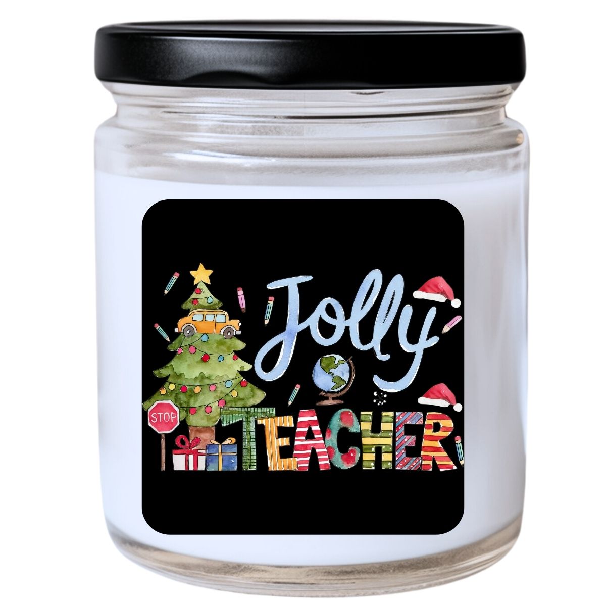 WS -  Jolly Teacher Candle w/ Tree & School Bus - Funny Christmas Gift, Unique Holiday Candle, Perfect for Teachers, Many Scents Available