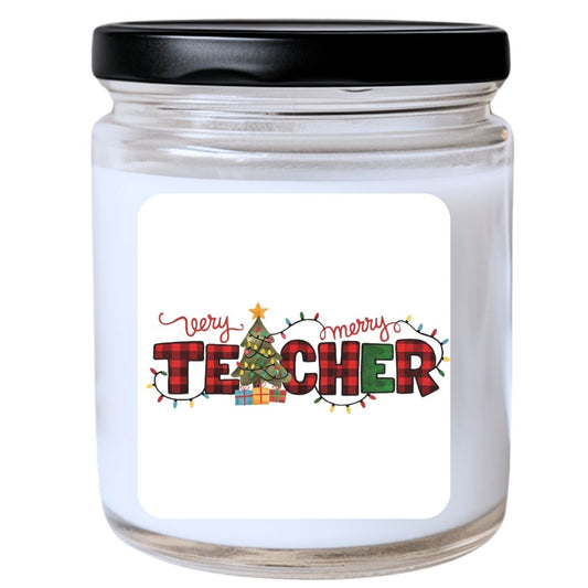 WS -  Very Merry Teacher Candle - Buffalo Plaid Design, Funny Christmas Gift, Unique Holiday Candle, Perfect for Teachers, Many Scents Available