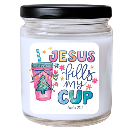 WS -  Jesus Fills My Cup - Pastel Watercolor Candle - Funny Christmas Gift, Unique Holiday Candle, Many Scents Available