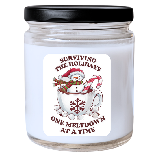 WS -  Surviving the Holidays Christmas Candle - Sarcastic Snowman Design, Funny Quote, Handpoured Soy Wax Candle, Phthalate-Free, Many Scents Available