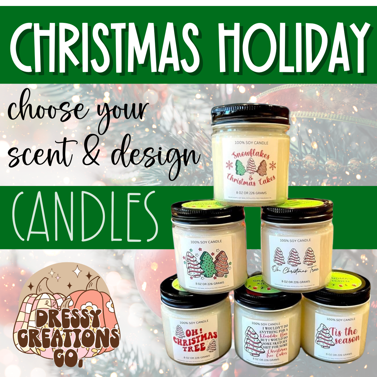 WS - Christmas Tree Holiday Candles - Black Lid (3 Sizes Available) !MOQ 12!